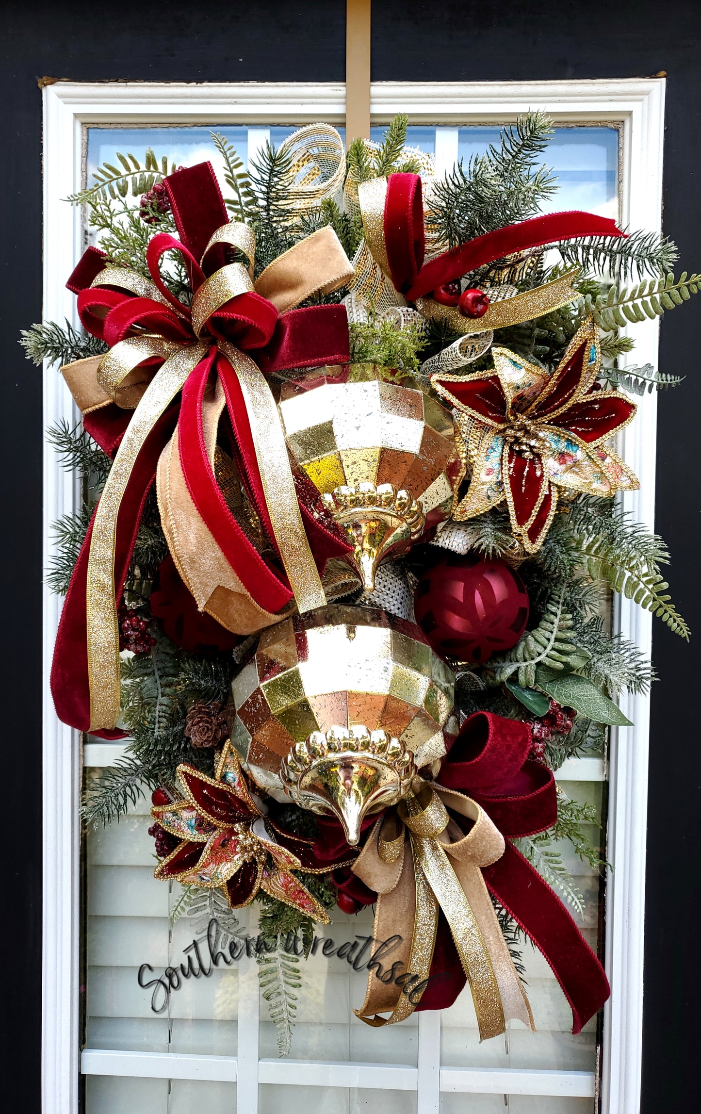 Burgundy and Gold Christmas Poinsettia Ornament Door Swag