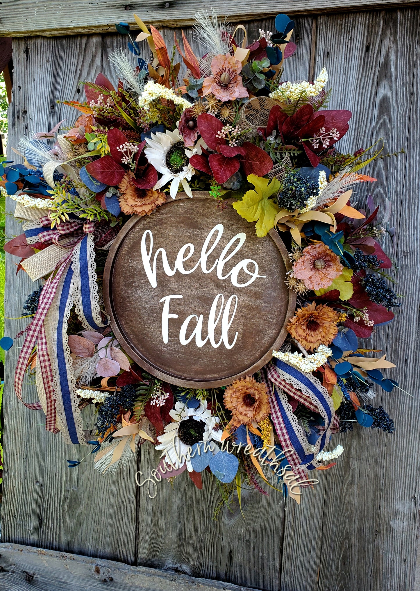 Fall Rustic Navy and Burgundy Door Wreath