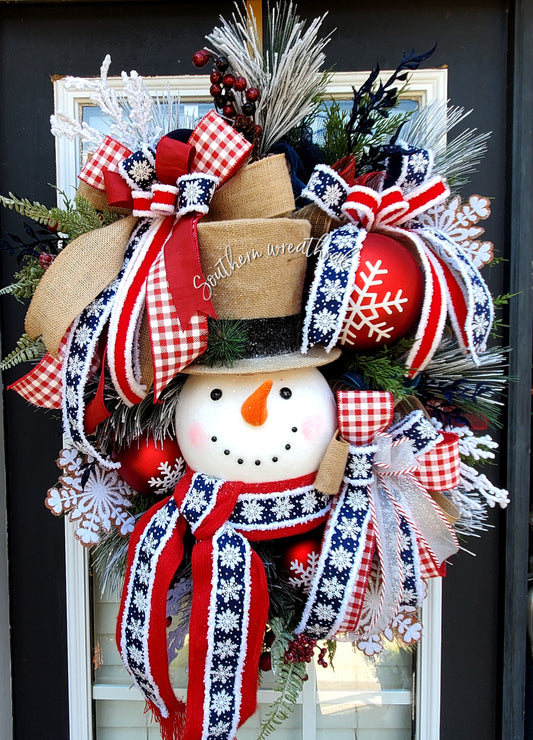 Deluxe Snowman Red Blue Christmas Door Wreath