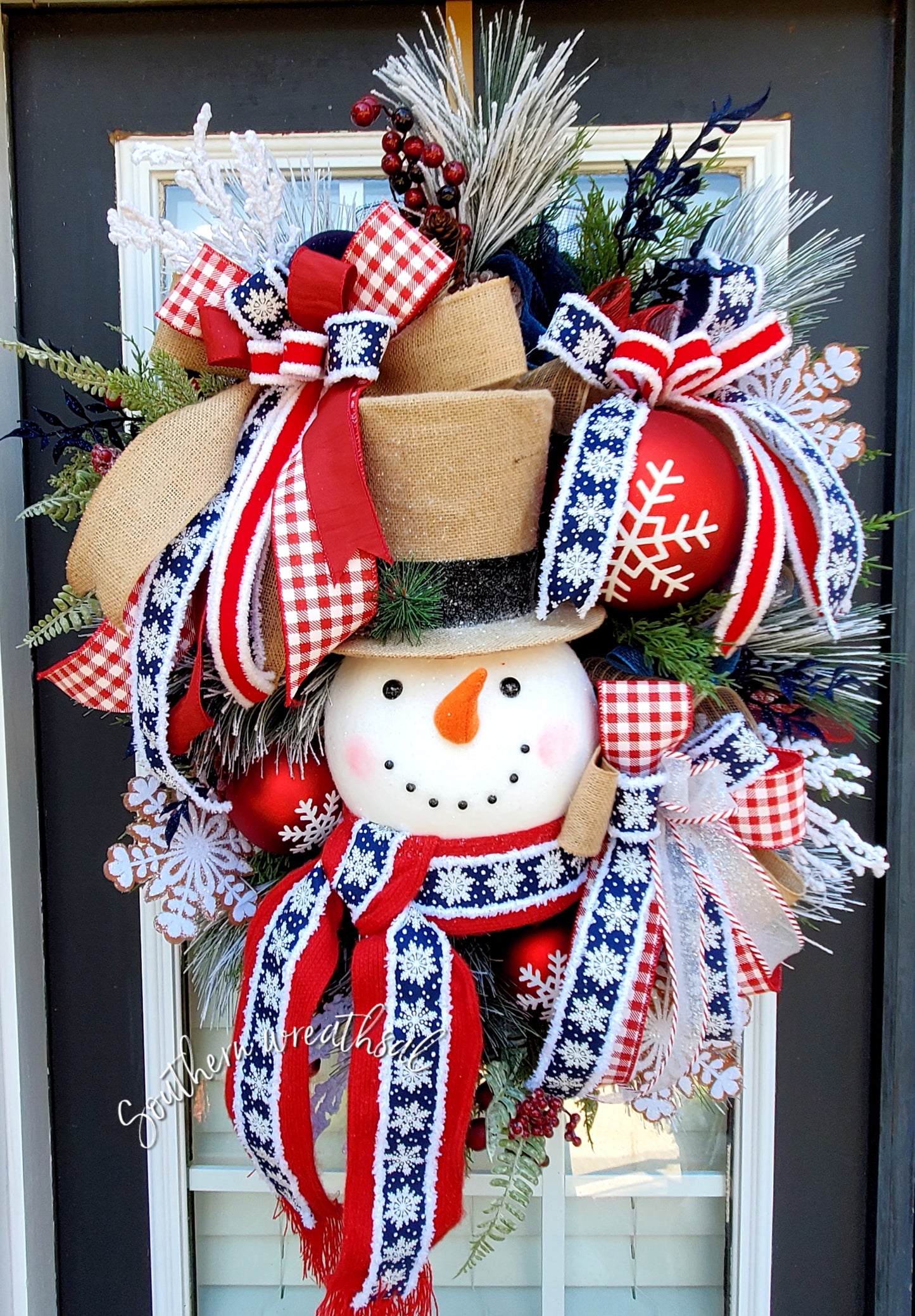 Deluxe Snowman Red Blue Christmas Door Wreath