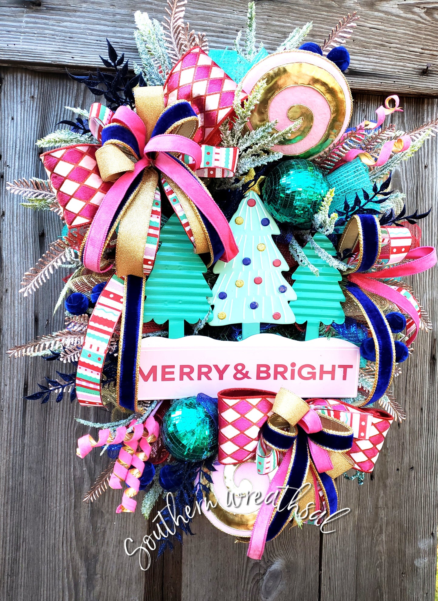 Merry & Bright Whimsical Pink and Teal Christmas Tree Wreath