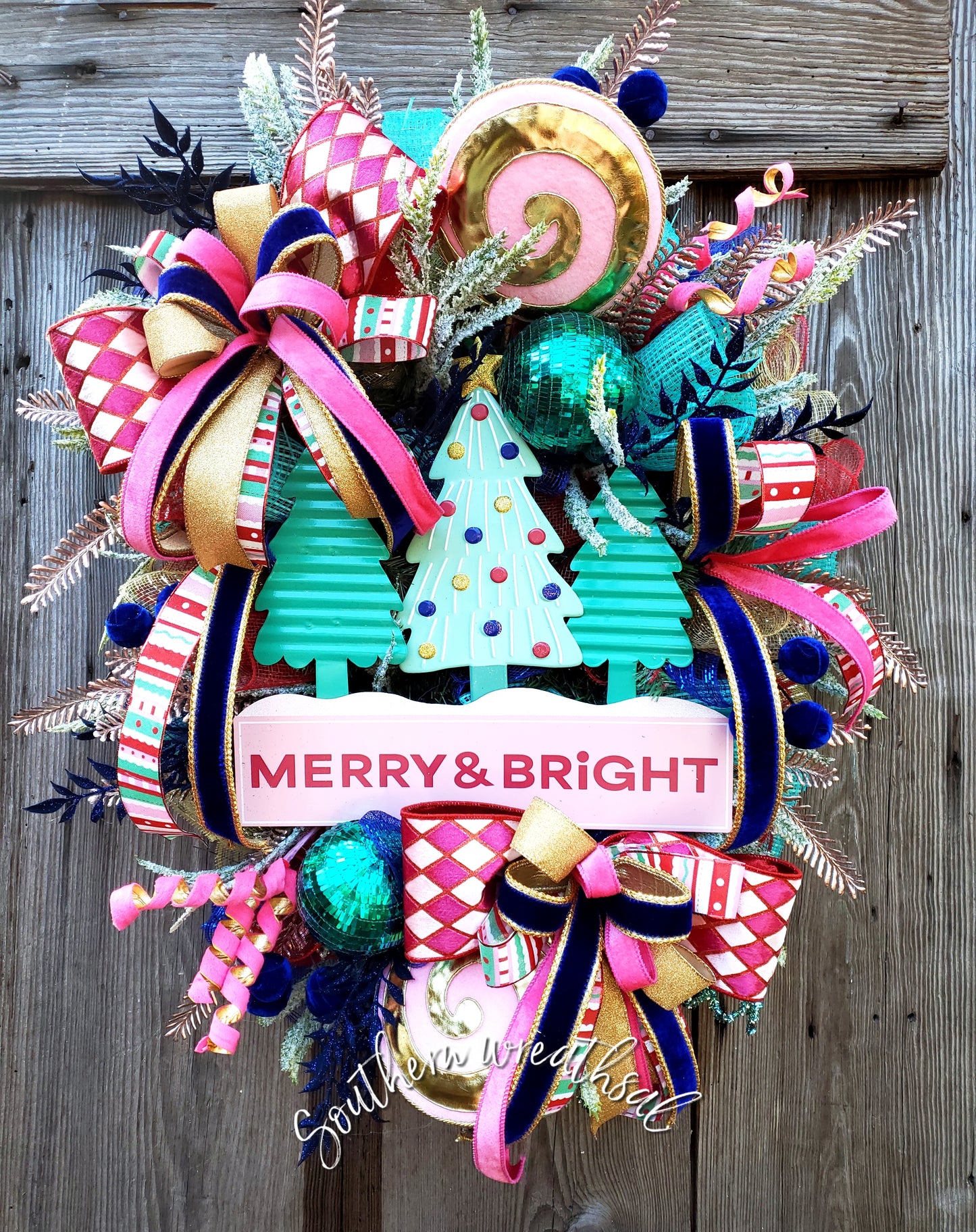 Merry & Bright Whimsical Pink and Teal Christmas Tree Wreath