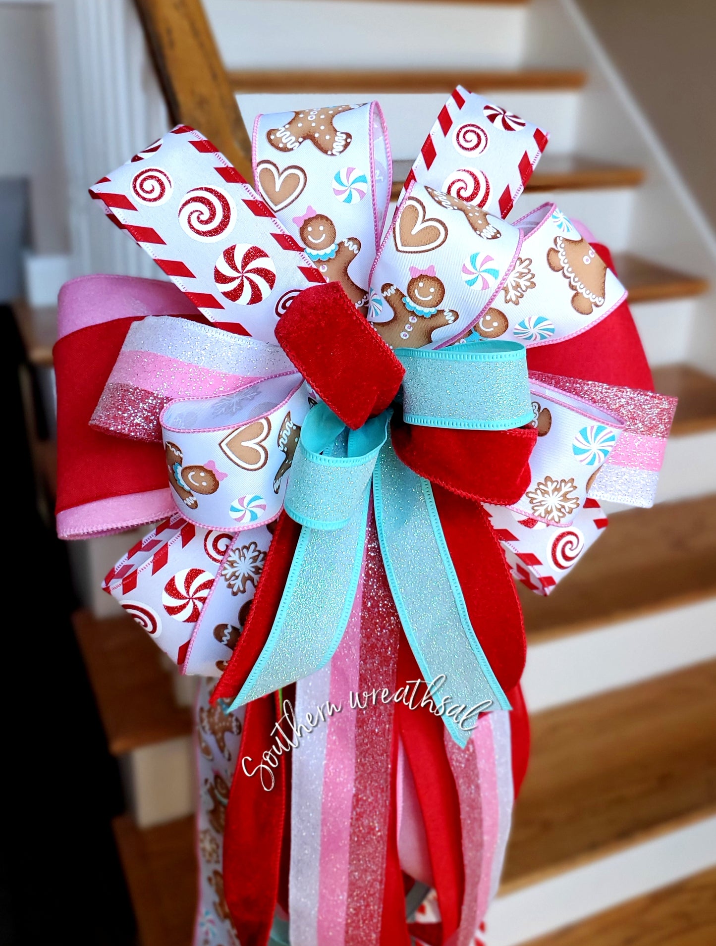 Peppermint and Gingerbread Deluxe Christmas Tree Topper Bow