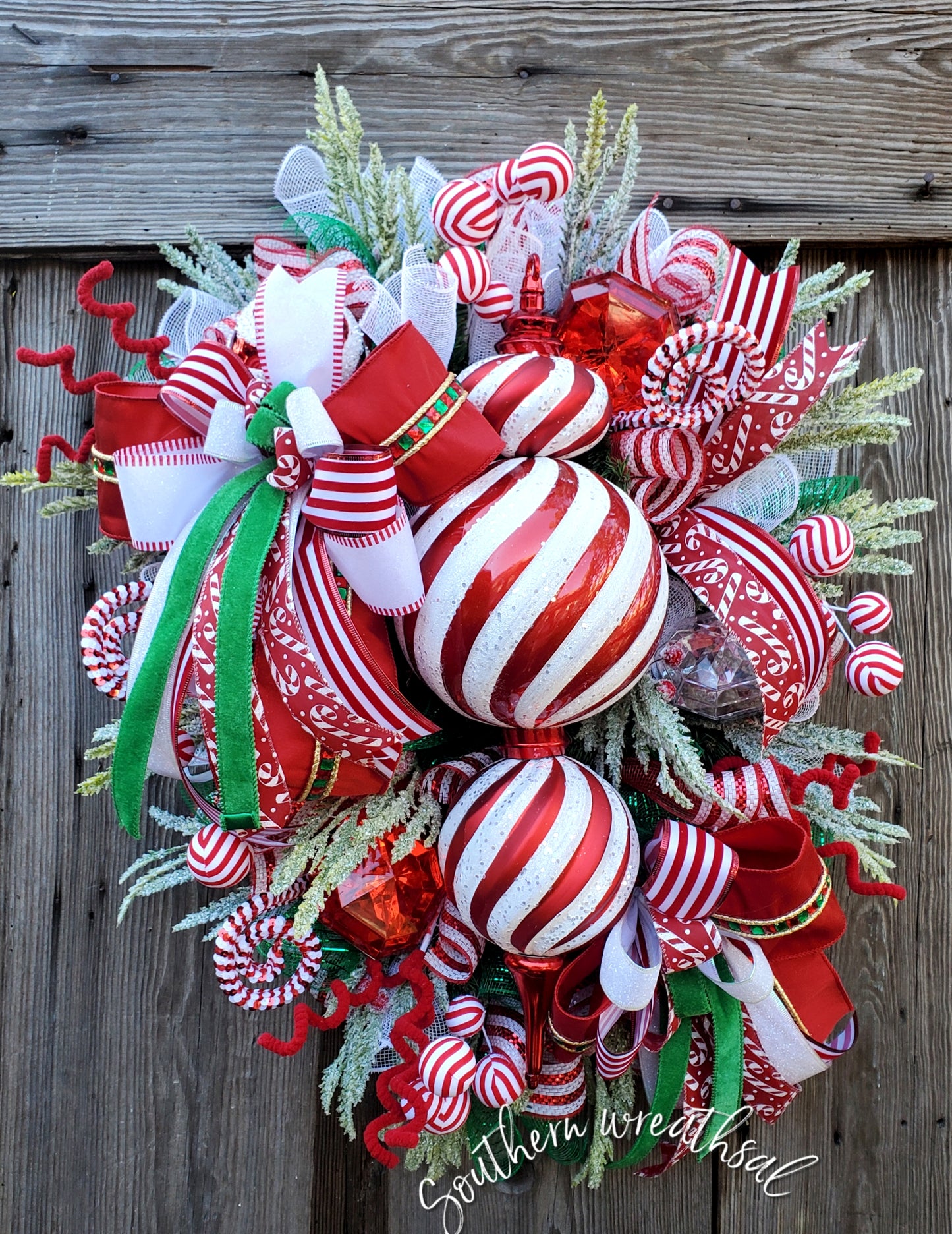 Red & White Peppermint Christmas Finial Front Door Wreath