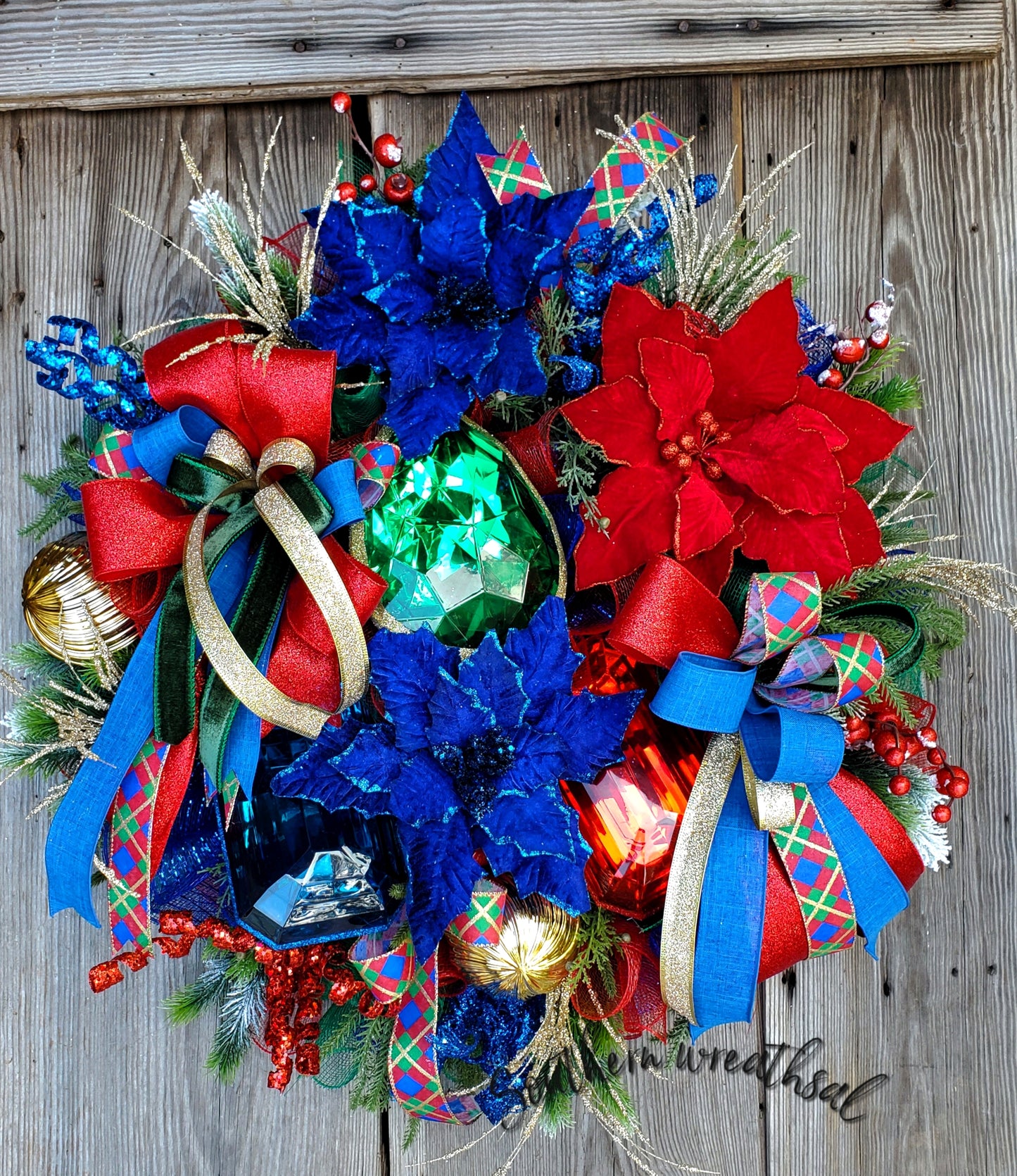 Velvet Red and Blue Christmas Poinsettia Jewel Front Door Wreath