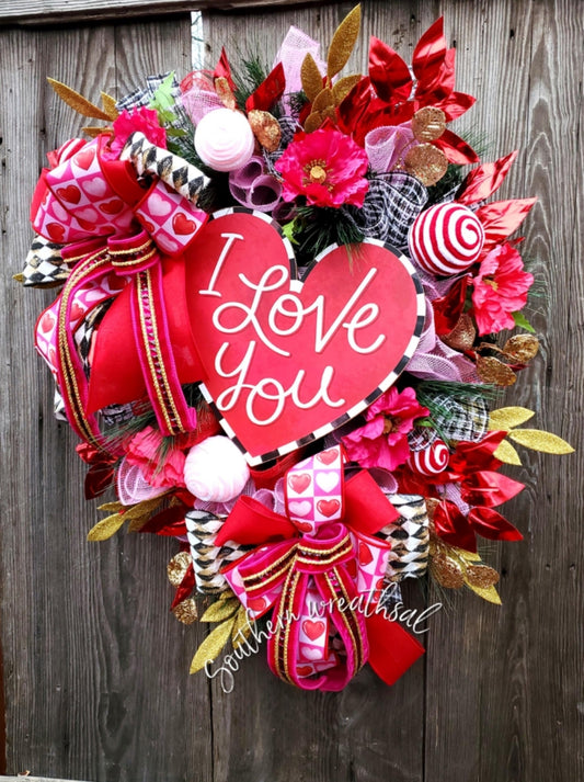 Valentine's Day " I Love You" Red, White and Black Front Door Wreath