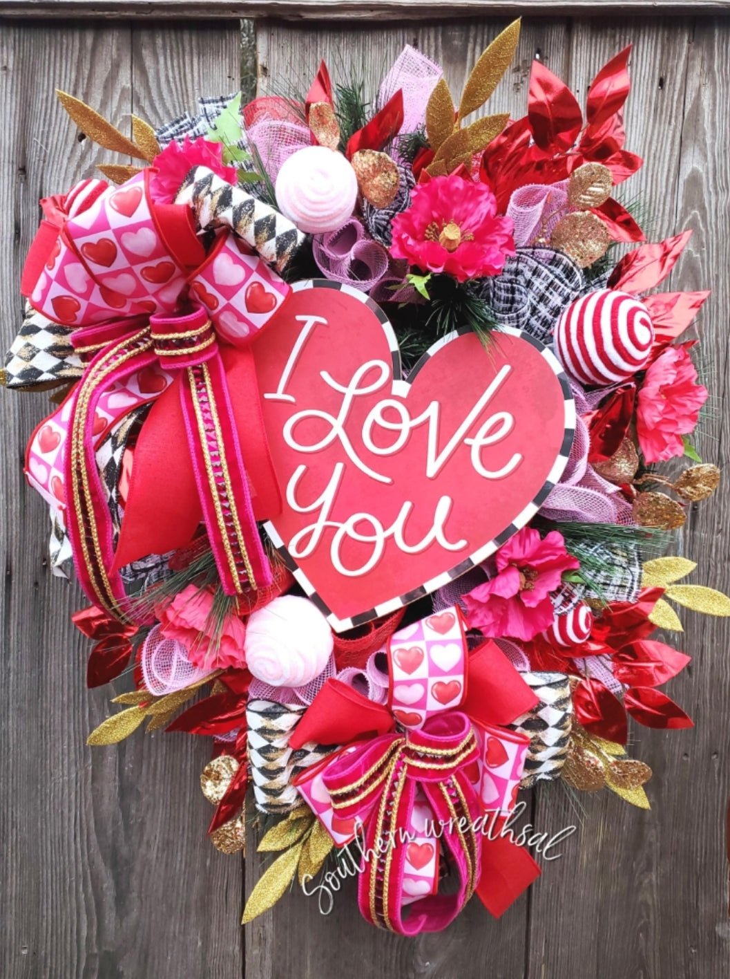 Valentine's Day " I Love You" Red, White and Black Front Door Wreath