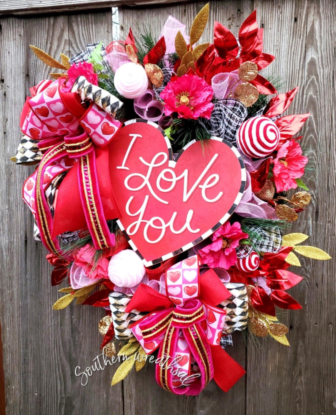 Valentine's Day " I Love You" Red, White and Black Front Door Wreath