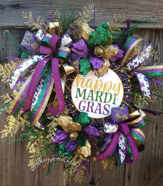 Happy Mardi Gras Front Door Wreath- Vibrant Purple, Green and Gold Decor